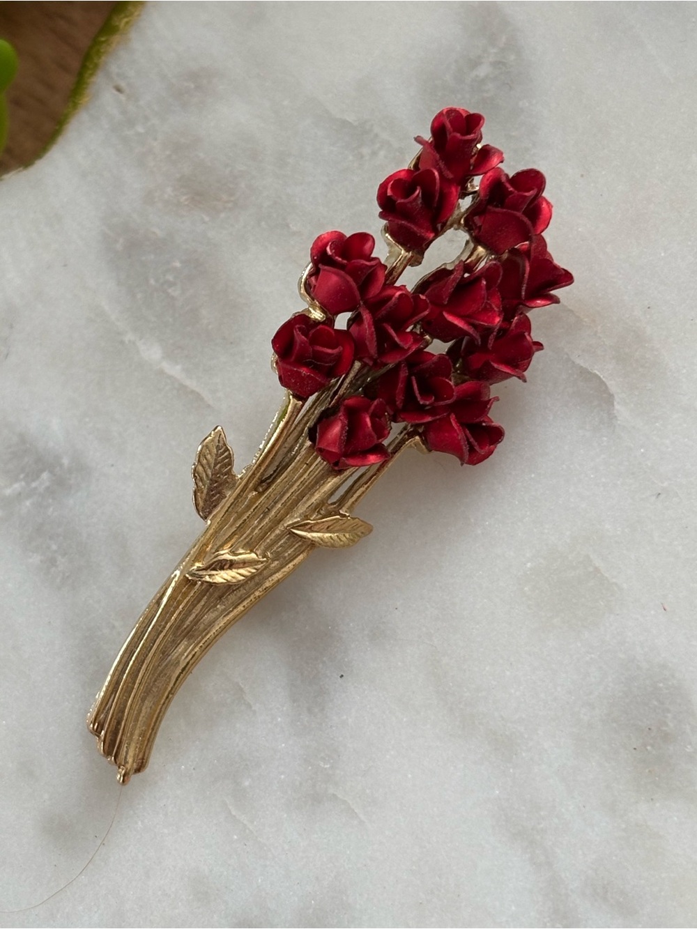 Gold-Tone Red Rose Bouquet Brooch - Women Jewelry - Picture 3 of 6